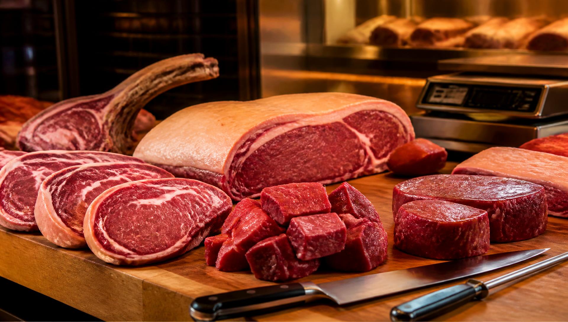 Cortes de carne premium em uma tábua de madeira